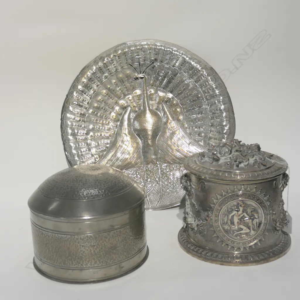 VICTORIAN SILVER PLATED BISCUIT BARREL, PEWTER CIRCULAR BOX AND EMBOSSED CIRCULAR TRAY Image 1++