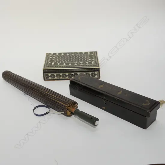 SADELI WARE BOX, OLD CHINESE FAN IN BOX AND ORIENTAL UMBRELLA (AF)