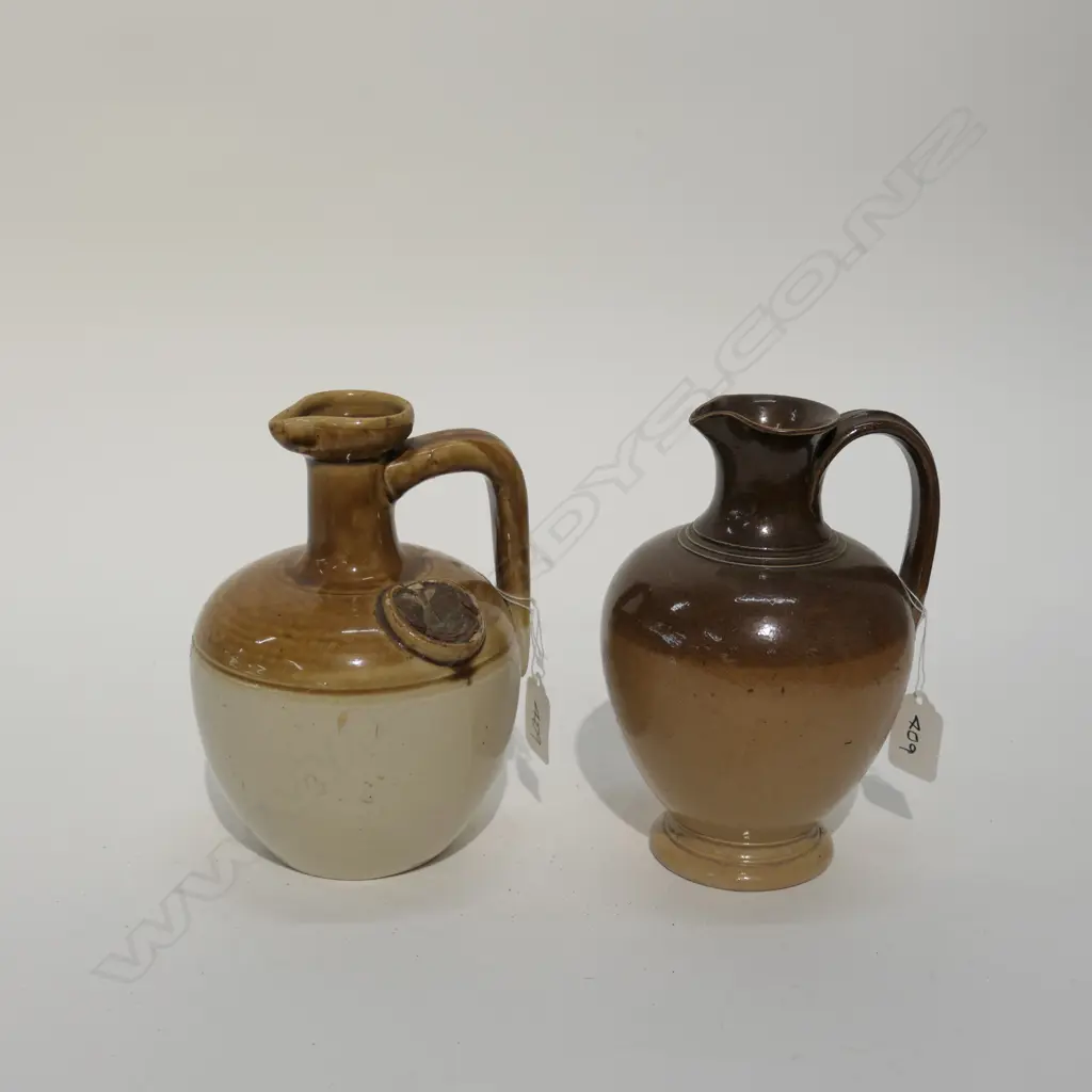 2 19thC STONEWARE WHISKY FLASKS BROWN SALT GLAZE Image 1++