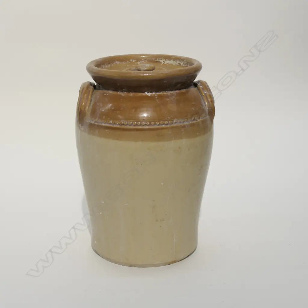 C1900 STONEWARE LIDDED CROCK & 2 BOTTLES Image 1++