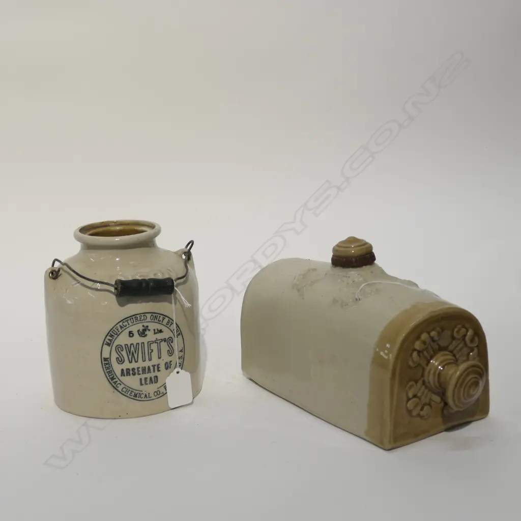 c1900 STONEWARE HOTWATER BOTTLE & POISON JAR Image 1++