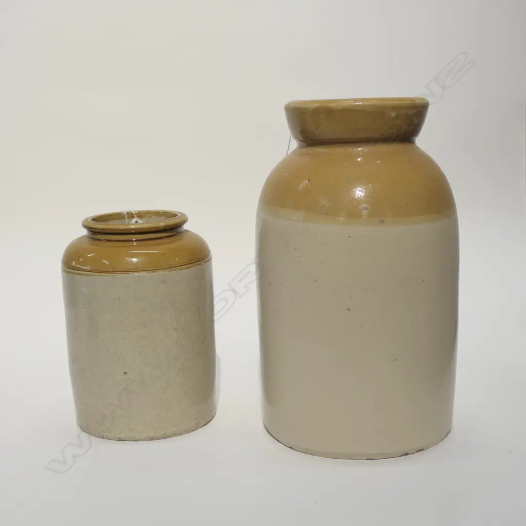 2 C1900 STONEWARE CROCKS BROWN GLAZE TOPS Image 1++