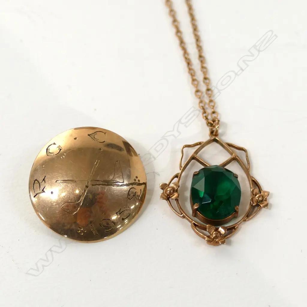 9CT ROSE GOLD PENDENT PASTE STONE, & 9CT GOLF BROOCH. APPROX. 6.9 GRAMS SET Image 1++