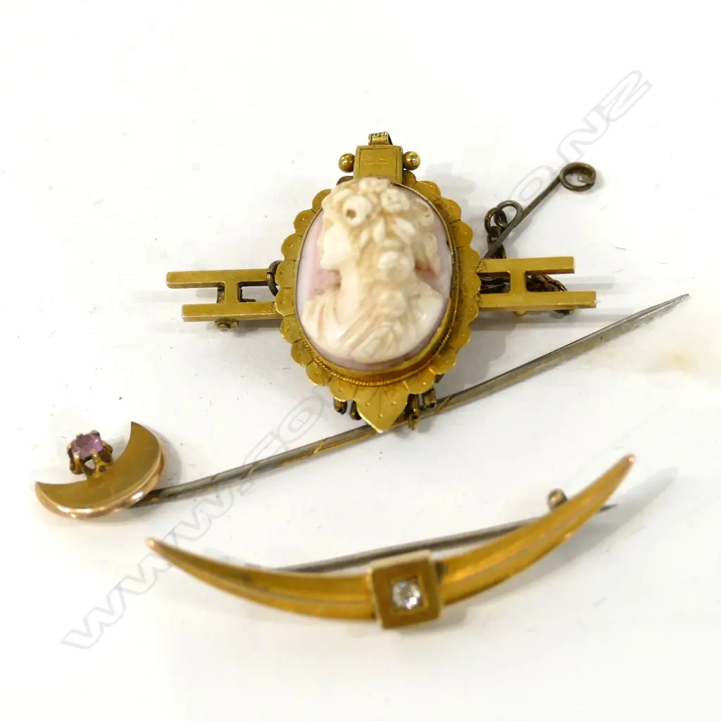 15CT DIA. CRESENT BROOCH & GOLD PINK CAMEO BROOCH/ & PIN. APPROX. 9.4 GRAMS SET. Image 1++