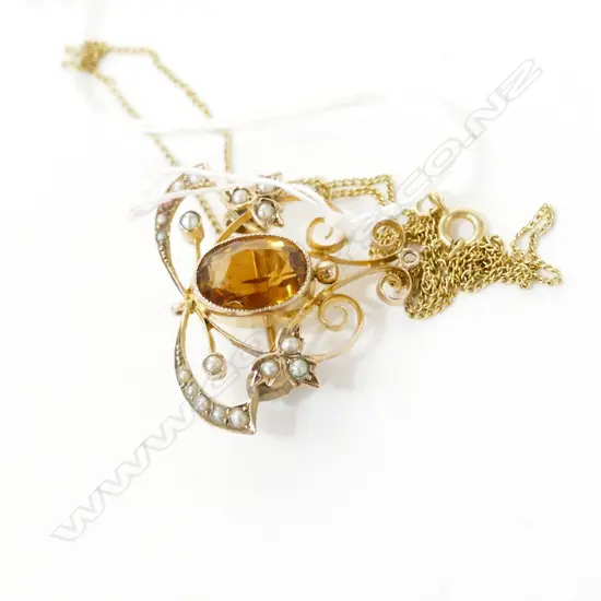 EDWARDIAN 9CT GOLD PEARL/CITRINE BROOCH/PENDANT 4.11gm