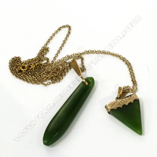 2 GREENSTONE PENDENTS ON GOLD CHAINS? EST.WEIGHT 6.5 GMS SET