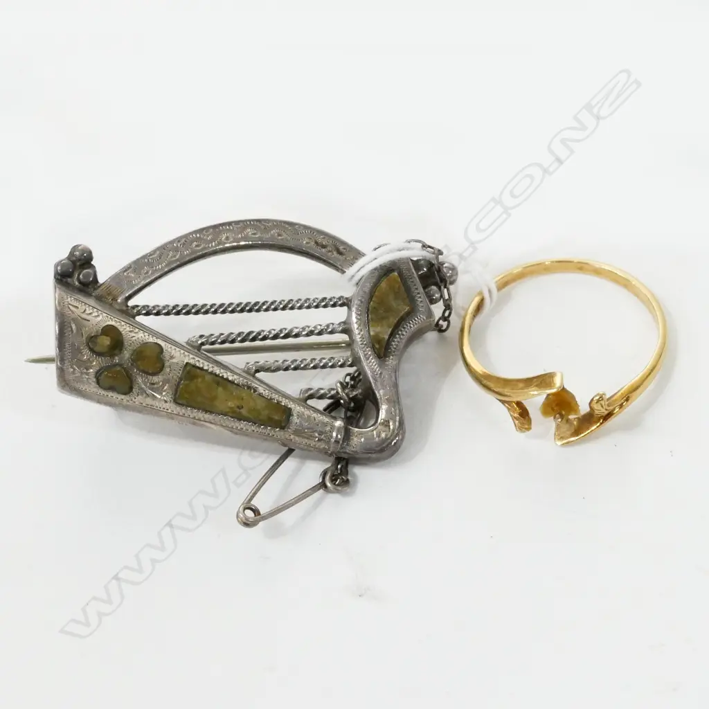 14K RING 1.55GMS A.F + SILVER IRISH HARP BROOCH Image 1++