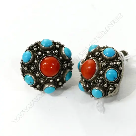1PR SILVER TURQ./CORAL? SCREW ON EARRINGS