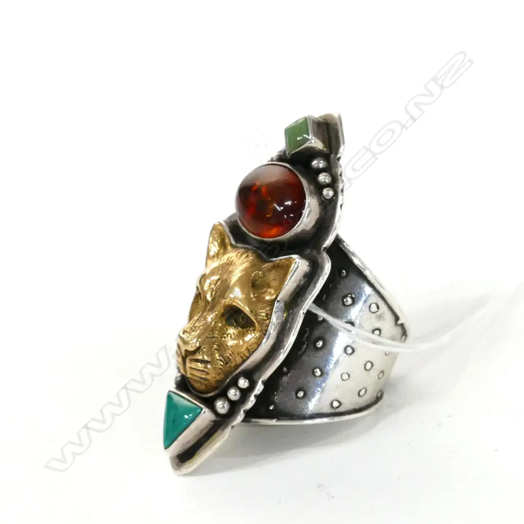 SILVER AMBER TURQUOISE JAGUAR RING Image 1++