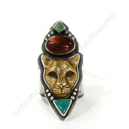 SILVER AMBER TURQUOISE JAGUAR RING