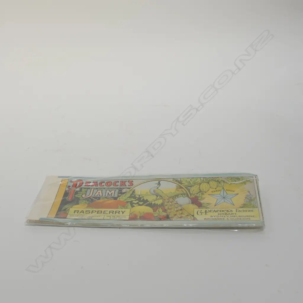 APPROX 40 PEACOCK'S JAM CAN LABELS 'RASPBERRY'APPROX 100 PEACOCK'S JAM CAN LABELS 'RASPBERRY & APPLE' 315 x105mm Image 1++