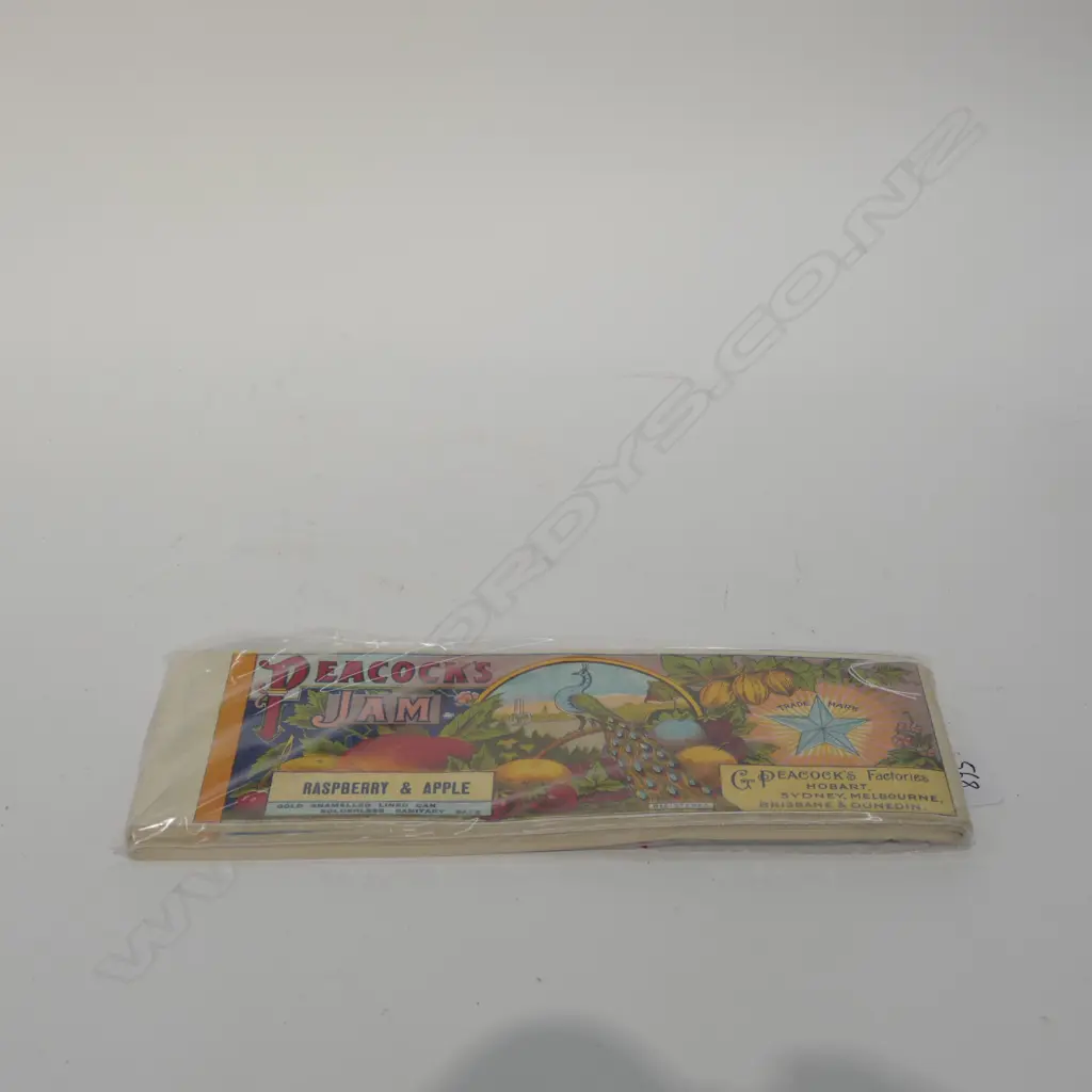 APPROX 100 PEACOCK'S JAM CAN LABELS 'RASPBERRY & APPLE' 315 x105mm Image 1++