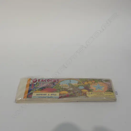 APPROX 100 PEACOCK'S JAM CAN LABELS 'RASPBERRY & APPLE' 315 x105mm