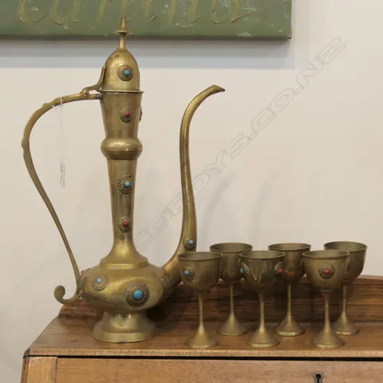 EASTERN BRASS COFFEE POT + 6 GOBLETS CABACHONS