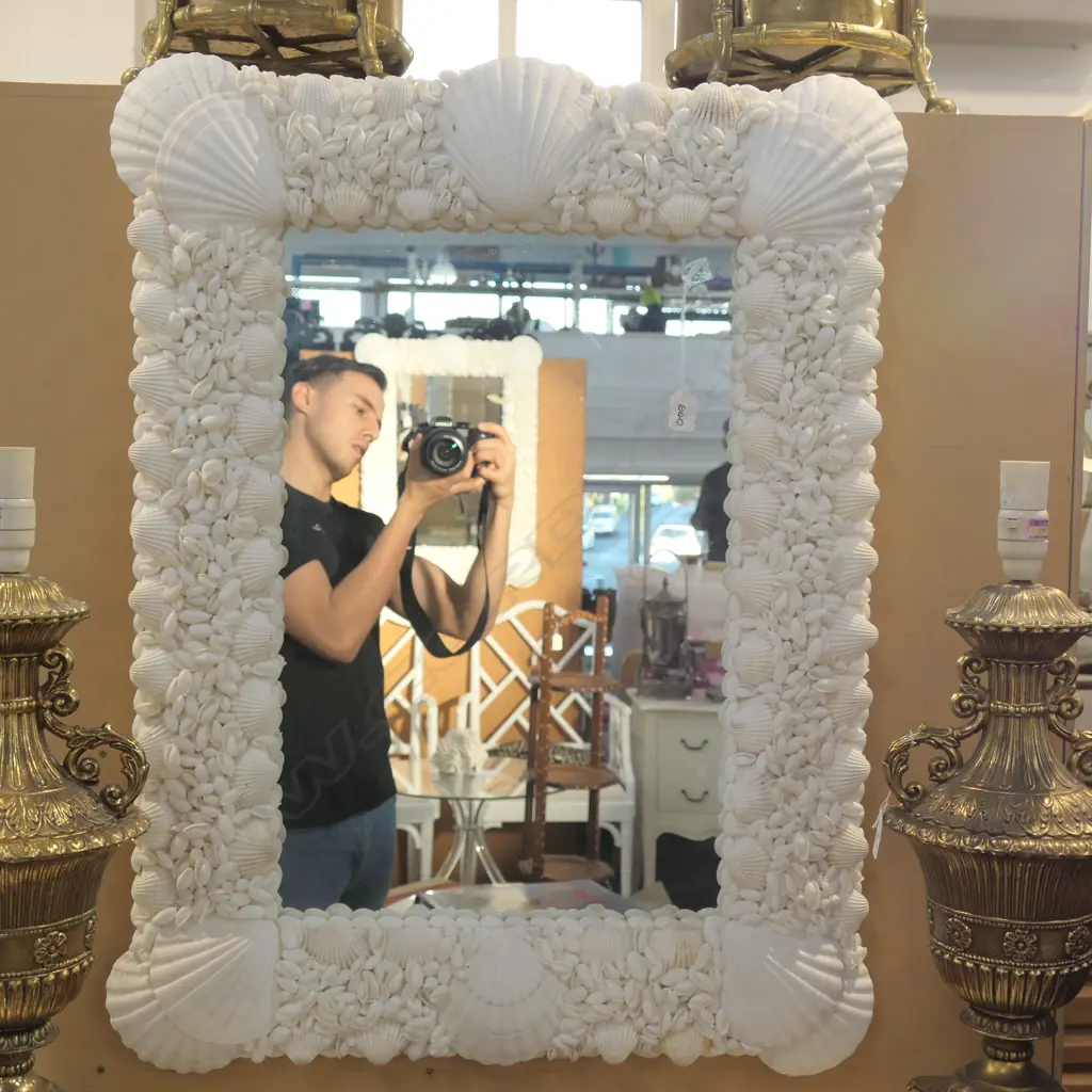 RECTANGULAR MIRROR W SHELL DECORATED SURROUND 640MM X 830MM Image 1++