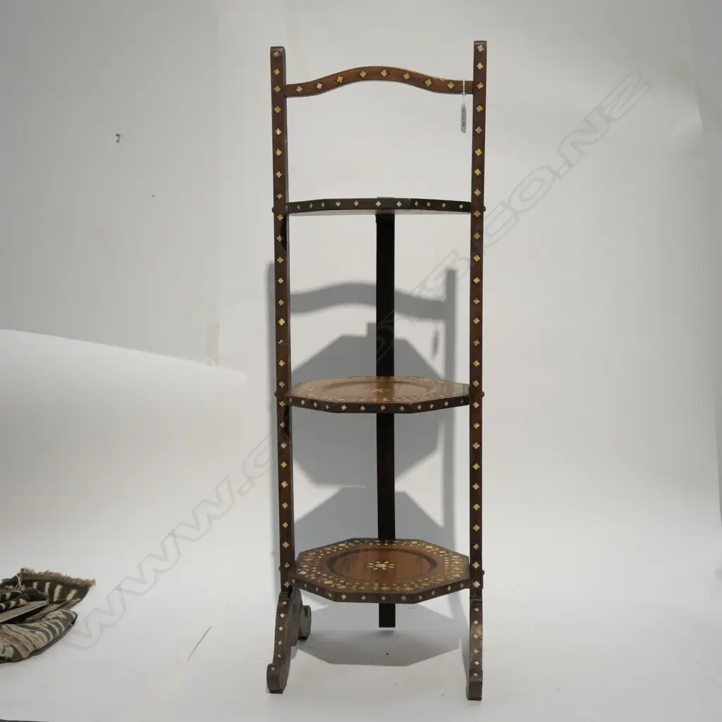 THREE TIERED INLAID WOODEN CAKE STAND Image 1++