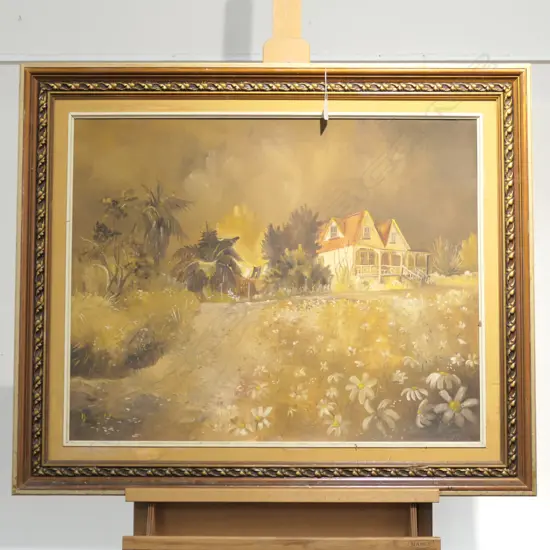 MARGARET MOORE OIL ON BOARD  OLD COTTAGE 800 X 950 MM