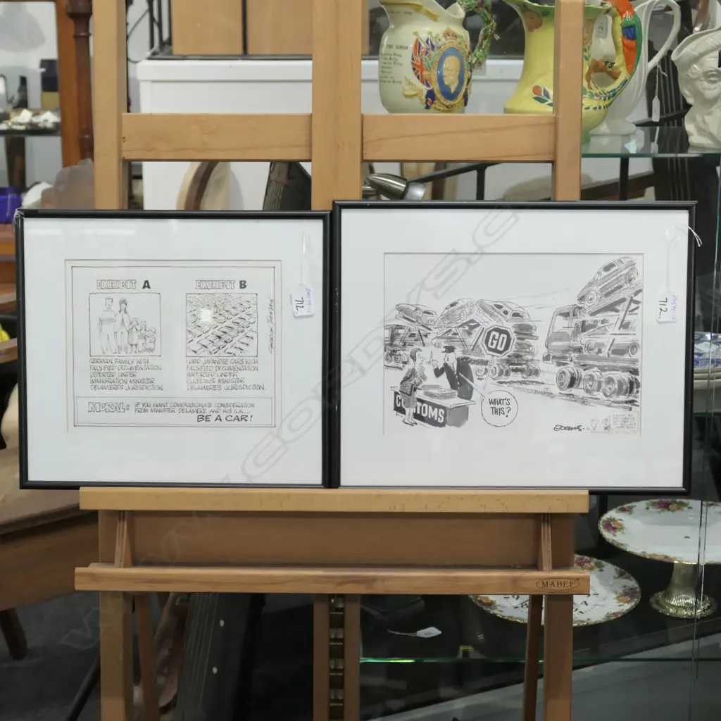 TWO ORIGINAL INK CARTOONS 'GO' & EXHIBIT A & B Image 1++