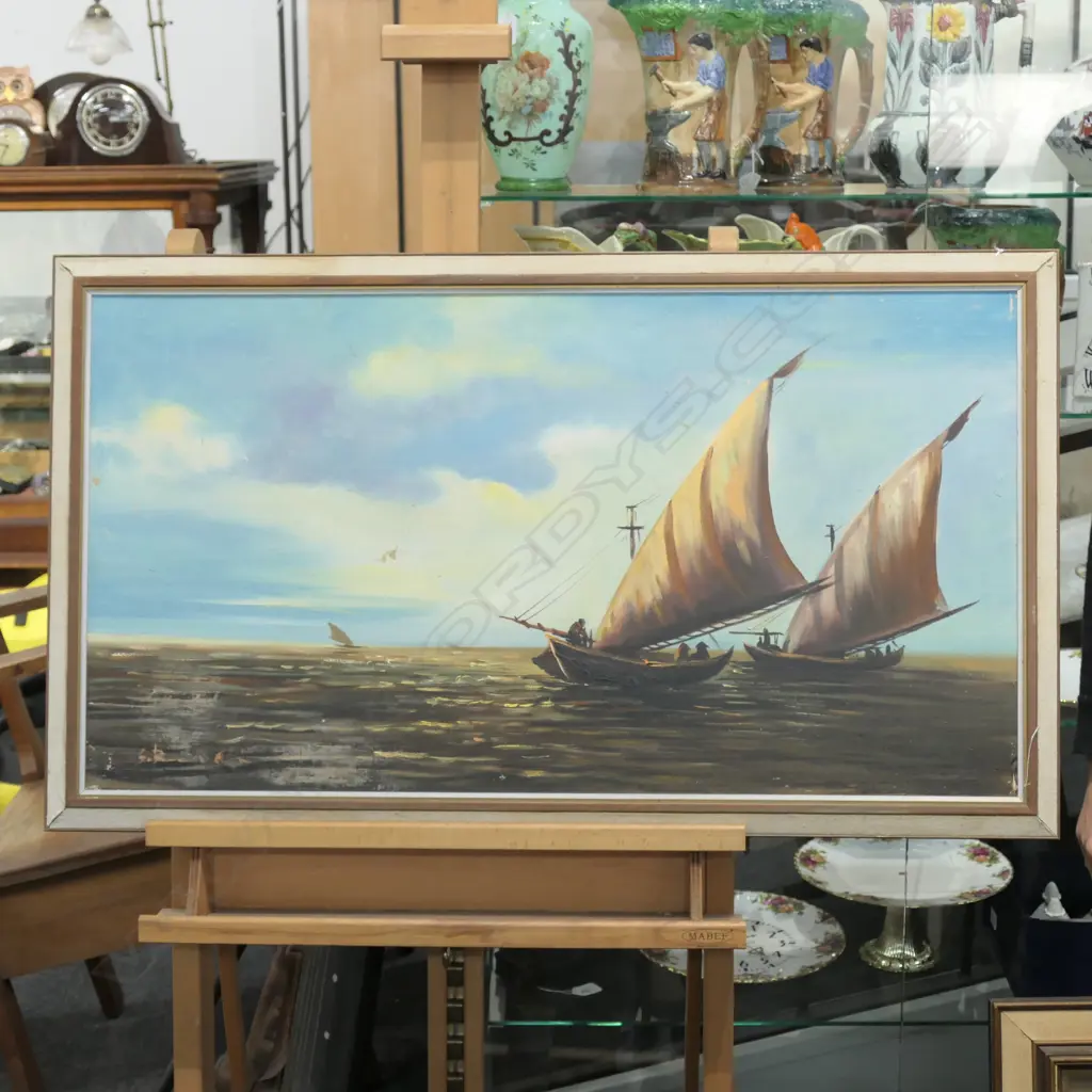 OIL PAINTING ' EASTERN FISHING BOATS C.1960  Image 1++