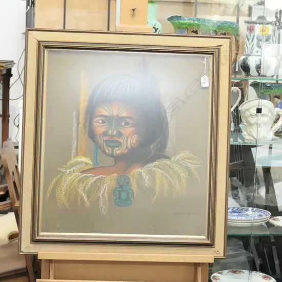 1972 'MAORI WARRIOR' PASTEL PORTRAIT - IRENE HALL