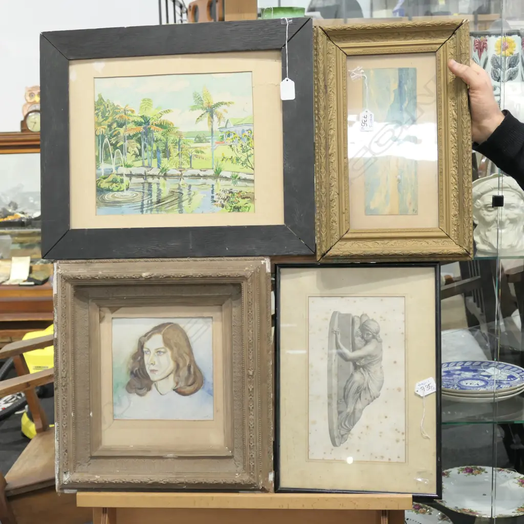 3 WATERCOLOURS INCL. PORTRAIT / ANTIQUE COASTAL LANDSCAPE + ENGRAVING Image 1++