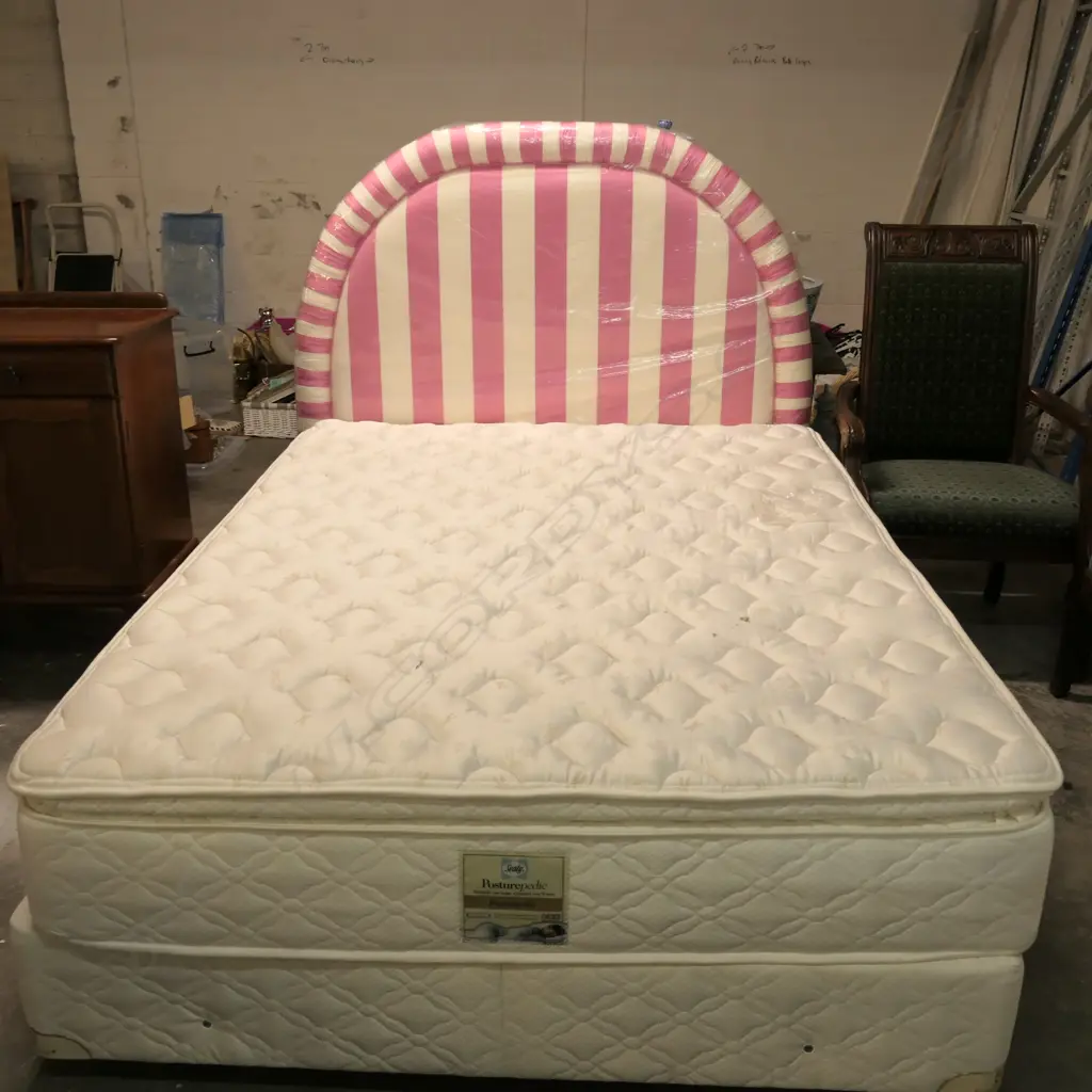 QUEEN MATTRESS AND BED BASE W/ PINK STRIPED HEADBOARD Image 1++