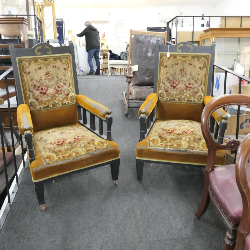PR OF EDWARDIAN ARMCHAIRS WITH ORIGINAL UPHOLSTERY Image 1++