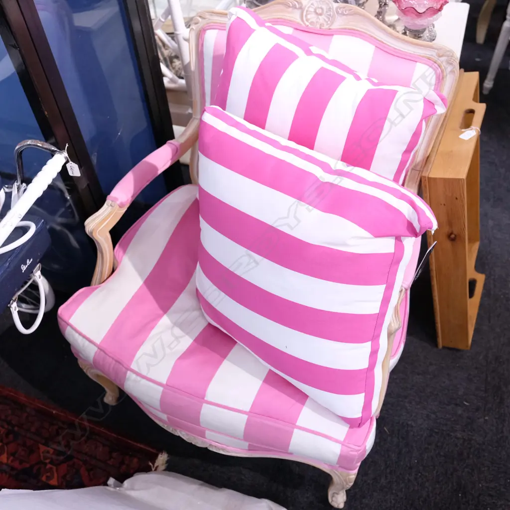 PR PINK + WHITE STRIPED OPEN ELBOW ARMCHAIRS Image 1++