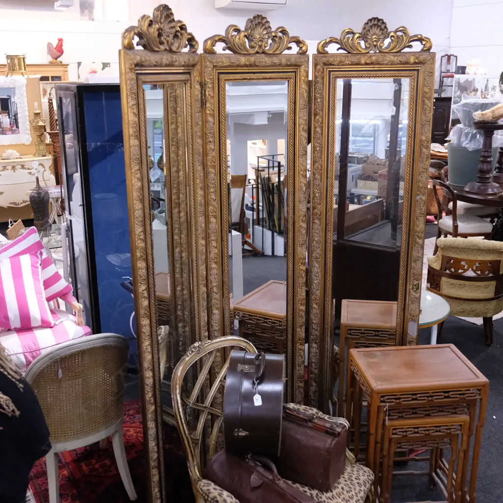 ORNATE GILT HOLLYWOOD REGENCY STYLE MIRROR SCREEN Image 1++