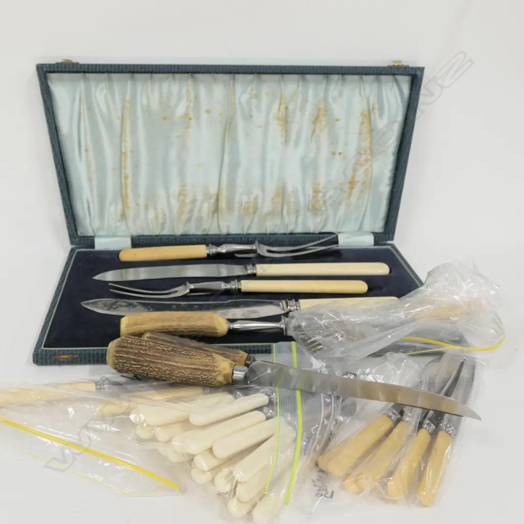 LOT ASST IVORINE HANDLED KNIVES / CARVING SETS ETC Image 1++