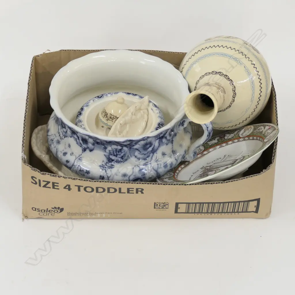 BOX ANTIQUE CHINA INCL BREADPLATE (AF) WEDGWOOD IVANHOE PLATE, ETC NZ STUDIO POTTERY SQUARE PLATTER (EX NGAIRE HART EST) Image 1++