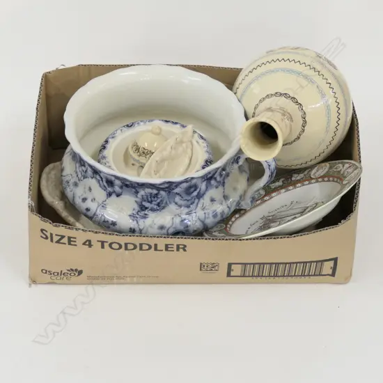 BOX ANTIQUE CHINA INCL BREADPLATE (AF) WEDGWOOD IVANHOE PLATE, ETC NZ STUDIO POTTERY SQUARE PLATTER (EX NGAIRE HART EST)