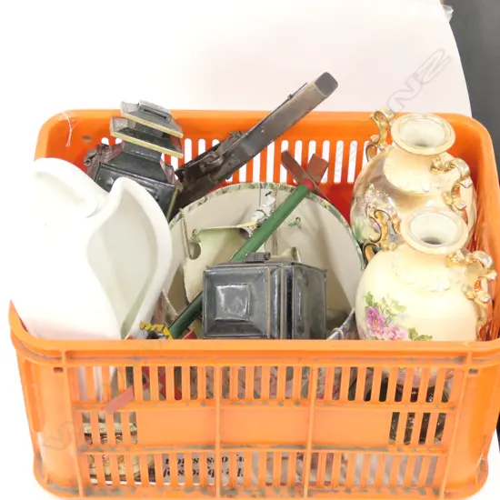 PLASTIC BOX w CERAMICS (AF), MIDDLE EASTERN FLINTLOCK, PR GIG LAMPS. 