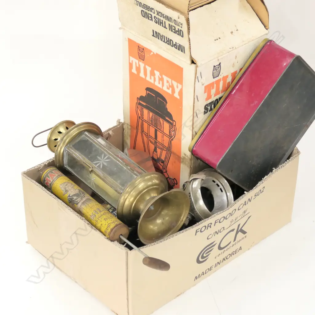 LOT ASST INCL. WOODEN ICE SKATES / LAMPS / TINS ETC Image 1++