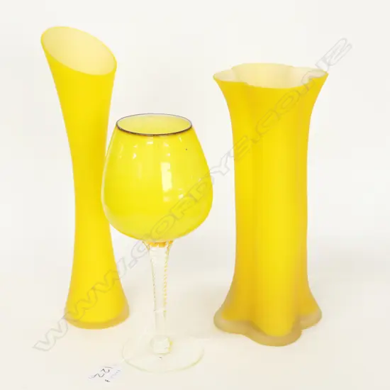 YELLOW ART GLASS VASES + GOBLET. LARGEST H. 260MM