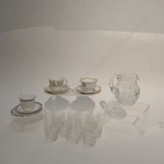 3 TRIOS, CRYSTAL JUG AND 3+6 GLASSES