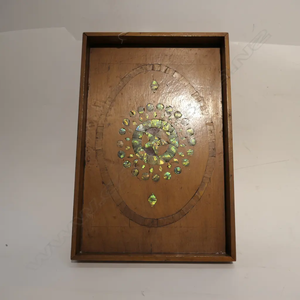NZ FOLK ART: PAUA INLAY WOODEN TRAY 530 mm Image 1++