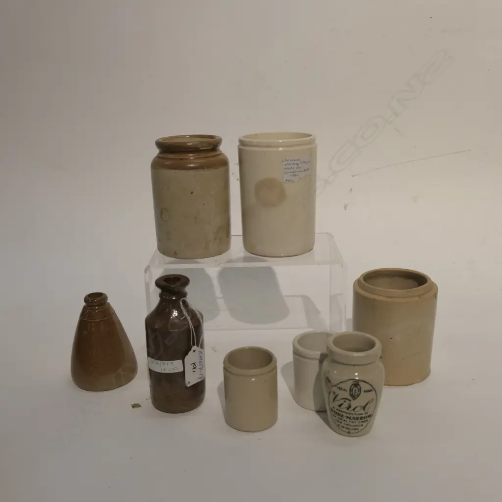 8 COLONIAL STONEWARE BOTTLES JARS INKS ETC Image 1++