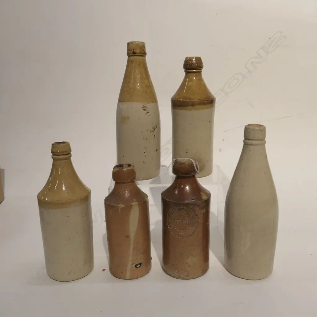 6 COLONIAL STONEWARE BOTTLES GINGER BEERS ETC Image 1++