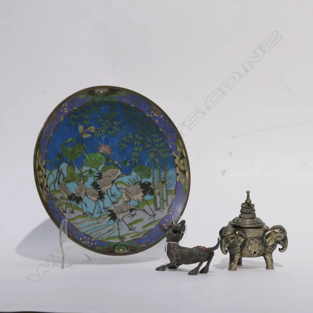 3 ORIENTAL ITEMS; BRONZE CENSOR + ANIMAL + CLOISONNE PLATE A.F Image 1++