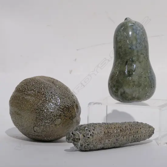 3 GLAZED POTTERY FRUIT  (EX THE NGAIRE HART ESTATE COLLECTION)