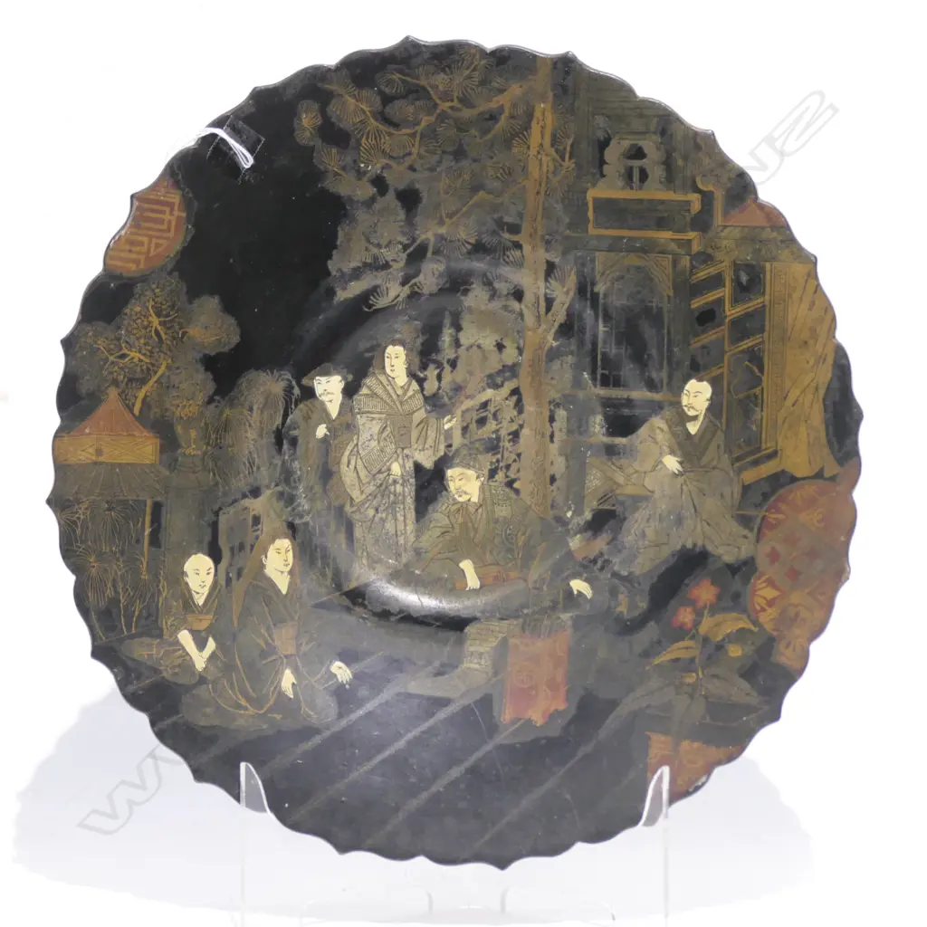 VICT. JAPANESE SCENE BLACK LACQUER DISH Image 1++
