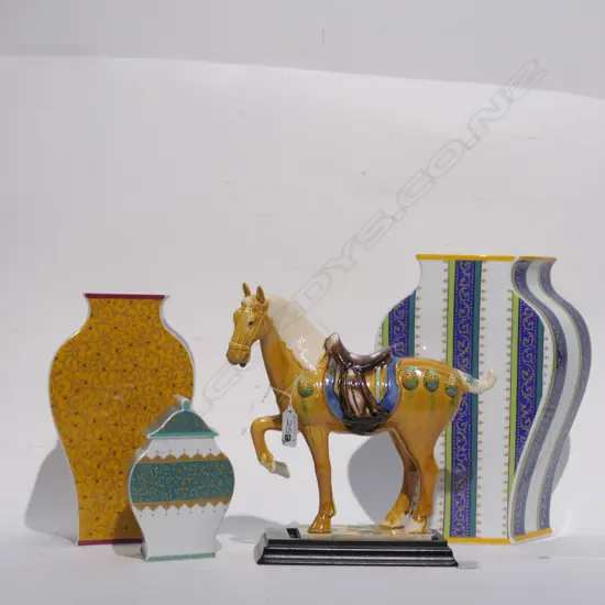 3 ROSENTHAL VASES + GLAZED CERAMIC HORSE 