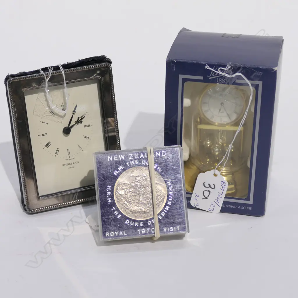 SM SCHATZ DOM CLOCK; SIL. PLATE 'KITNEY' CLOCK & 3 NZ COINS Image 1++