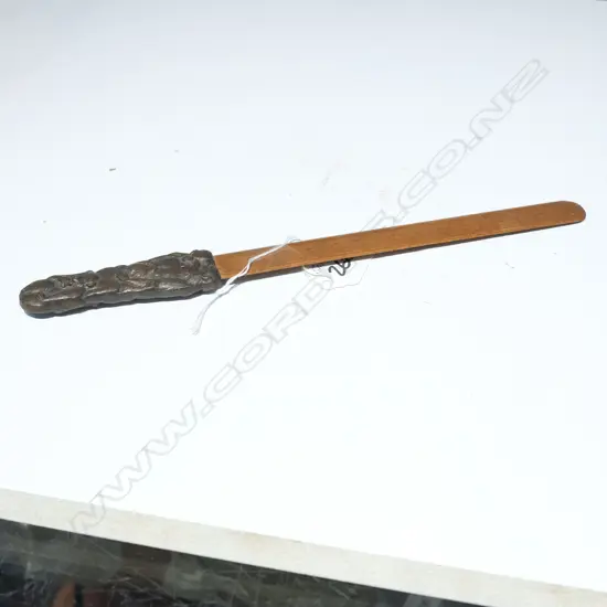 JAPANESE BRONZED MONKEY HANDLED WOODEN PAPER KNIFE