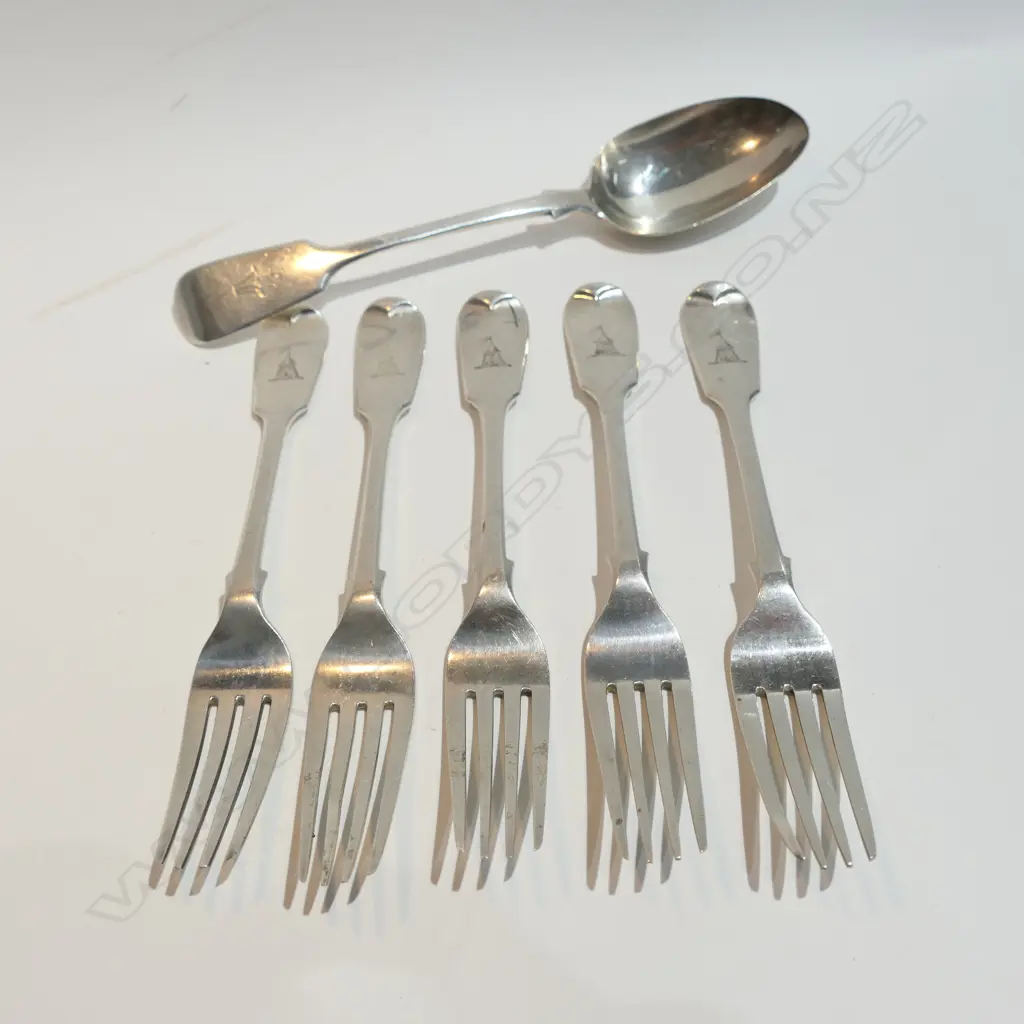 5 SILVER FORKS L.1842 + 1 SPOON L.1878.  Image 1++