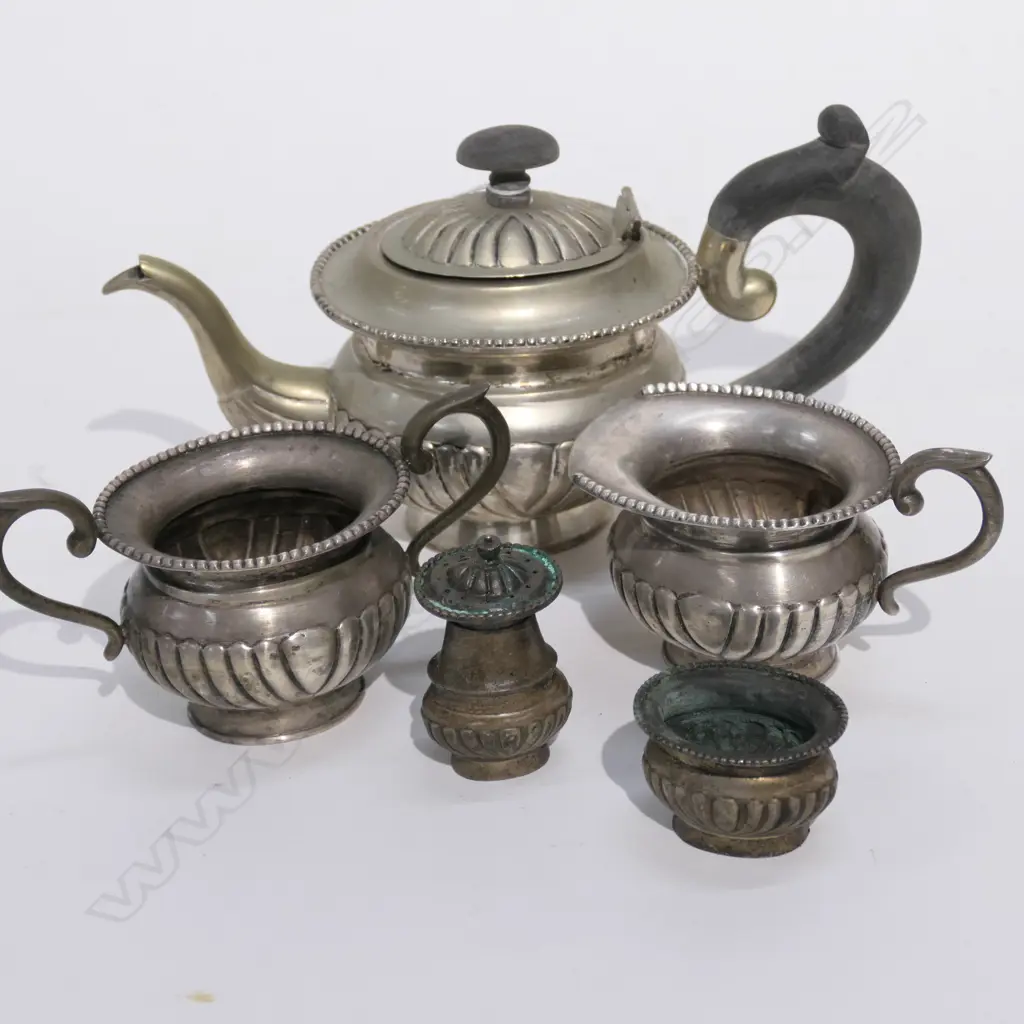 HEAVY SILVER 3-PC TEA SET + 2 CONDIMENTS (3+2) TOTAL 784gm (More...) Image 1++