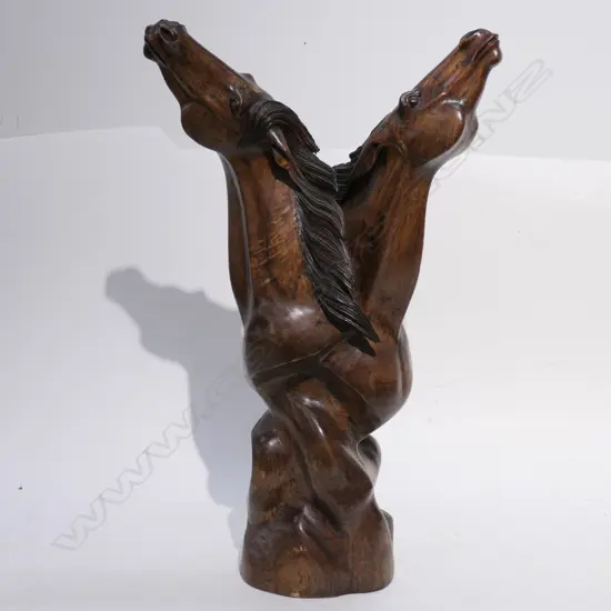 CARVED WOODEN SCULPTURE OF TWO HORSES HEADS H 670 MM