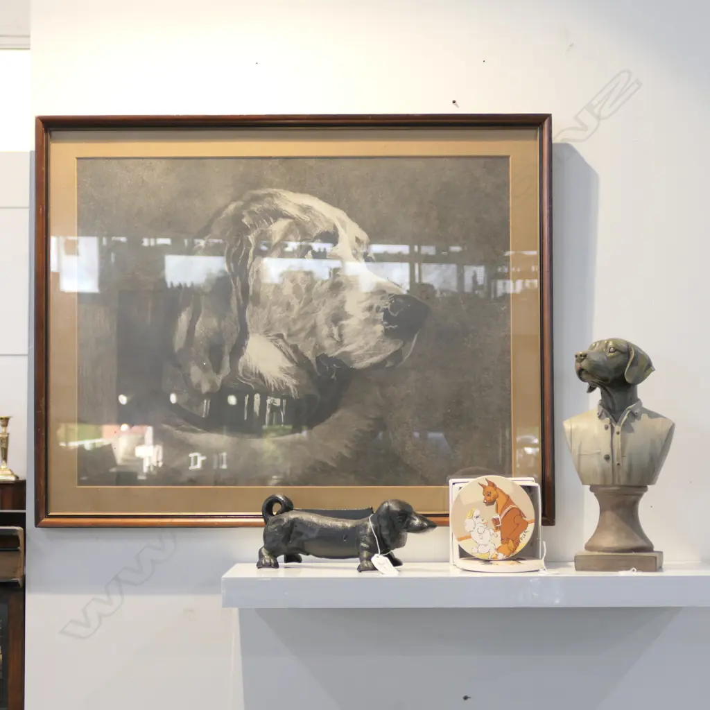 MEZZOTINT ETCHING OF DOG + DOOR STOP + COASTERS Image 1++