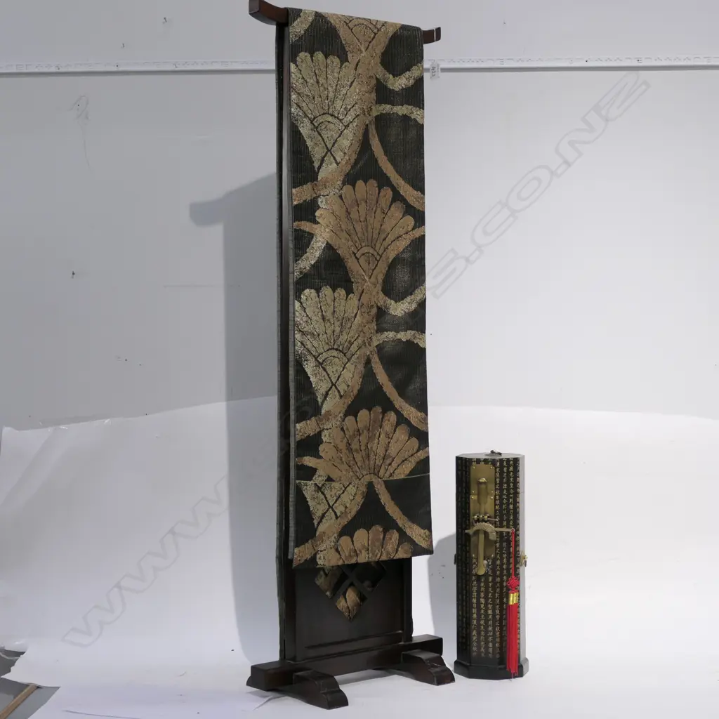 A JAPANESE OBI ON WOOD DISPLAY STAND AND A CHINESE BOX Image 1++